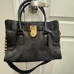 Michael Kors Black Leather Satchel with Gold Accents